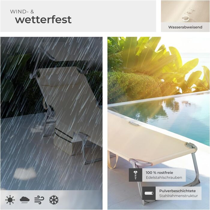 Лежанка для відпочинку Tectake®: розкладна, портативна, з кишенею, для саду, пляжу, кемпінгу - (Бежевий)