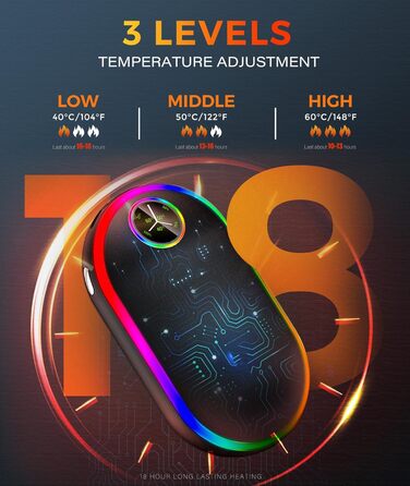 Електричний підігрівач для рук 10000mAh з підсвічуванням (7 кольорів), перезаряджуваний, портативний, чорний - ідеальний зимовий подарунок для чоловіків та жінок