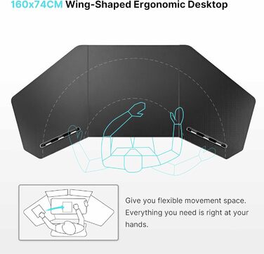 Ігровий стіл EUREKA ERGONOMIC 160x74 см - великий стіл у формі крила для ігор, ПК, дому, офісу, стрімінгу. 2 слоти для iPad. Чорний.