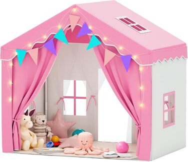 Дитяче намет-ігровий будиночок EROMMY 2-в-1 з килимком, прапорцями та світлодіодними смугами, з двома дверцятами, з даховим віконцем, для дому, 3+ роки (Рожевий)
