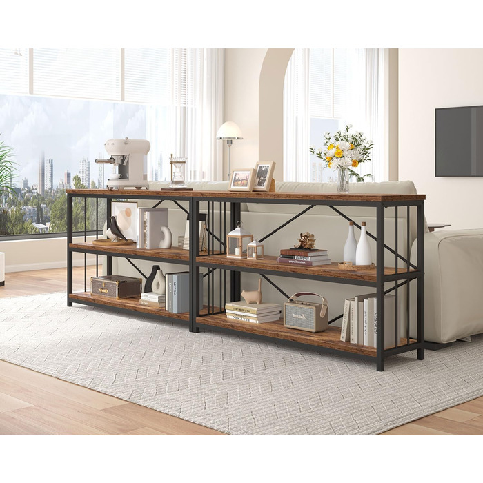Низька полиця для книг IBF з 3 ярусами, індустріальний стиль, метал та дерево, 120x34x74 см, коричневий