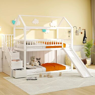 Двоярусне ліжко для дітей з драбиною, біле. Ліжко-горище, ліжко-ігровий майданчик, ліжко-крісла для підлітків, каркас двоярусного ліжка з ламелями, без матрацу.