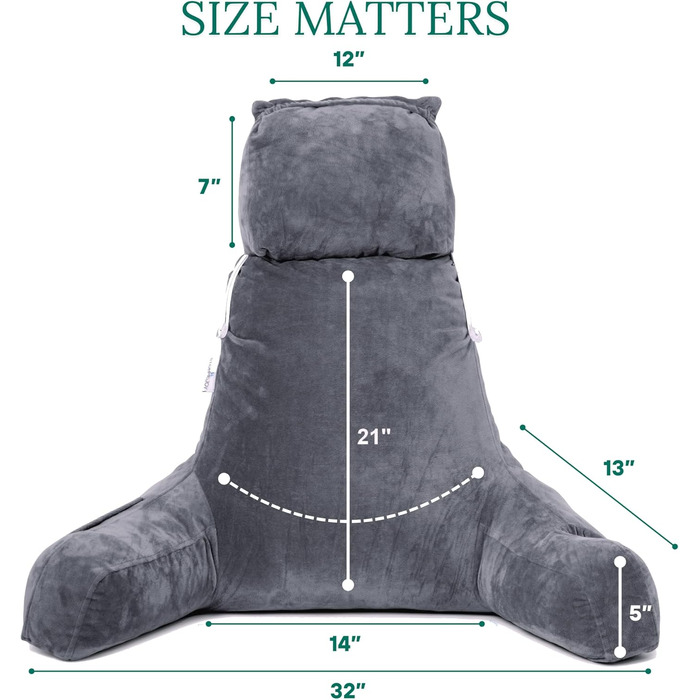 Storrejoy Велике подушко-крісло для читання - спинка для сидіння в ліжку з підлокітниками, знімною подушкою для голови, з піною з пам'яті, тримачем для книги/планшета, кишенями для зберігання та отвором для ручки (Антрацит) Темно-сірий