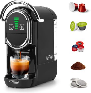 Кавомашина Magician1 Mini Kapselmaschine 5in1 для капсул Nespresso, Dolce Gusto, Lavazza A Modo Mio, ESE 44 та кавової гущі | 20 бар, 1450 Вт, LED-дисплей, 7 рівнів води | для дому та офісу (Чорний)