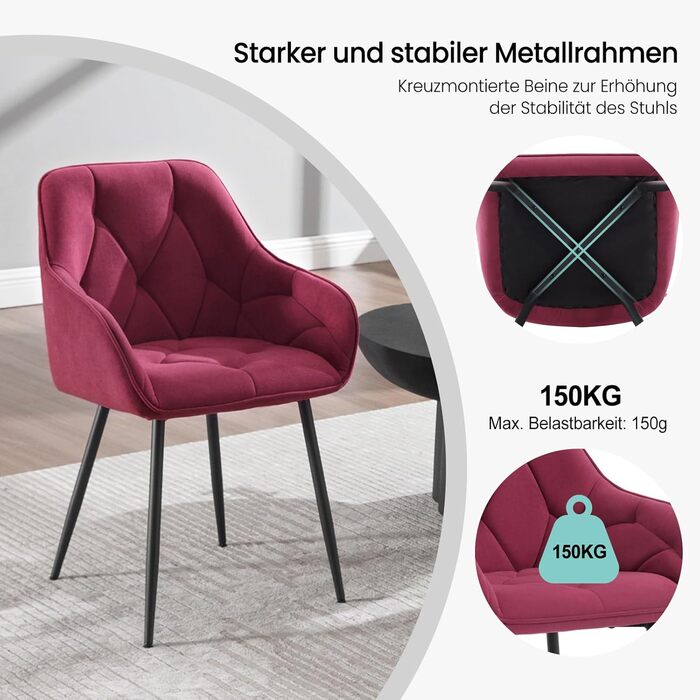 Набір з 2-х обідніх стільців WOLTU, для вітальні та кухні, ергономічні, з підлокітниками, м'яке сидіння з оксамиту (Бордо)