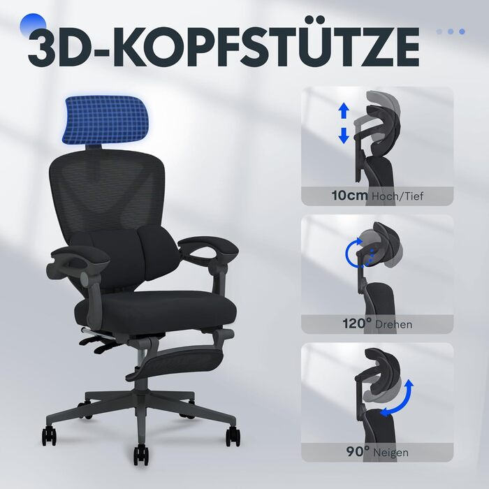 Органічний офісний стіл FLEXISPOT з регулюванням нахилу 135°, 3D-підголівник, підлокітники з регулюванням поперекової підтримки, поворотний крісло з підставкою для ніг, чорний