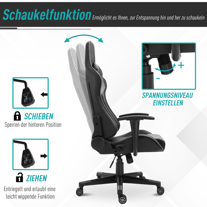 Крісло ігрове Vinsetto Ergonomic, поворотне, з екошкіри та піни, чорного кольору, розміром 67,5x74x126-136 см, для комфортної роботи та ігор.
