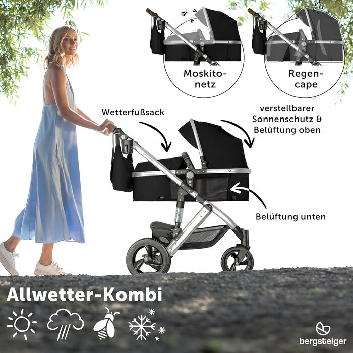 Дитяча коляска Bergsteiger Nizza 3 в 1, комплект: автокрісло, люлька, прогулянковий блок (чорний/срібний)