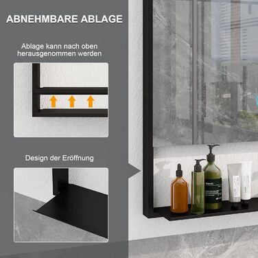 Дзеркало для ванної кімнати YU YUSING 80x60 см з підсвічуванням LED, 3 кольори світла, регулювання яскравості, антизапарник, сенсорне управління, таймер, загартоване скло, IP44 (чорний з полицею)