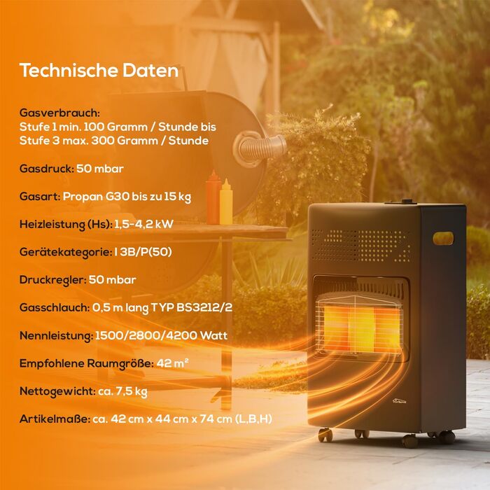Газовий обігрівач TroniTechnik 4200 Вт з 3 рівнями потужності: газовий піч, обігрівач, керамічний нагрівач для газового балончика, пропану, мобільний, енергозберігаючий, з газовим редуктором