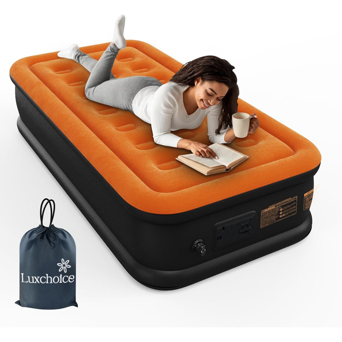 Надувна ліжко Luxchoice для 2 осіб з електричним насосом. Преміум якість, для кемпінгу та дому (темно-помаранчевий, односпальна)