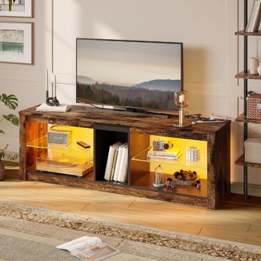 Тумба під TV Bestier, 160x35x52 см, для телевізорів до 65 дюймів, з RGB-підсвічуванням, керуванням кабелів та регульованою скляною полицею (140 см + розетка), колір - коричневий