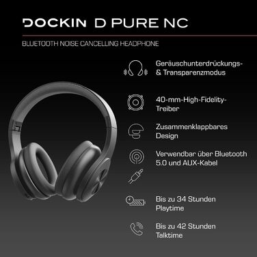 Бездротові Bluetooth-навушники DOCKIN D Pure NC, ANC, акумулятор 42 год, aptX HD, BT 5.1, складні, низька затримка