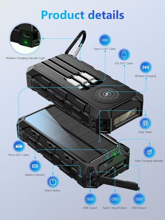 Бездротовий, швидкий зарядний пристрій, 7 виходів, сонячна батарея, LED-дисплей, зовнішній акумулятор, 26800mAh