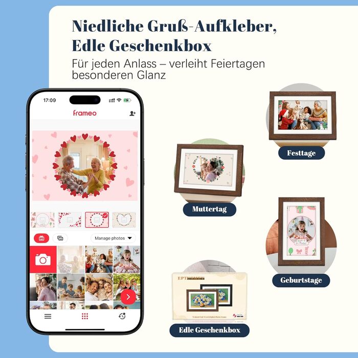Цифровий фоторамка Frameo 10.1 дюйма з Wi-Fi, горіхове дерево, 32GB, IPS Touchscreen, Wi-Fi, фото/відео через додаток Frameo, подарунок для чоловіків та жінок