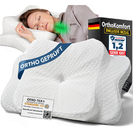 Ортопедична подушка OrthoKomfort® Memory Foam для сну на боці та спині | З піною Memory Foam | Сертифікована Oeko-TEX | Знімний чохол | Для здорового сну без болю | Біла подушка