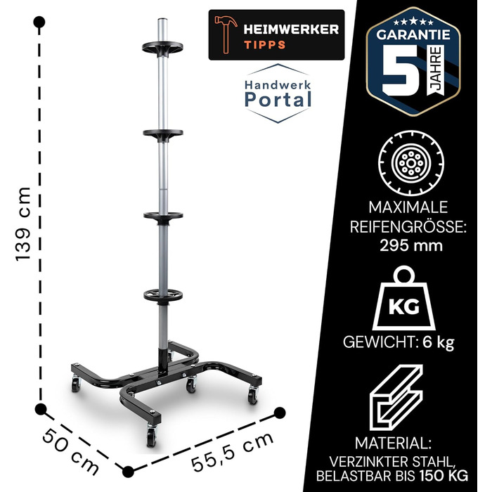 Преміум-підставка для шин на колесах (295 мм, 150 кг) - 4 шини. Чорна, мобільна, для зберігання шин