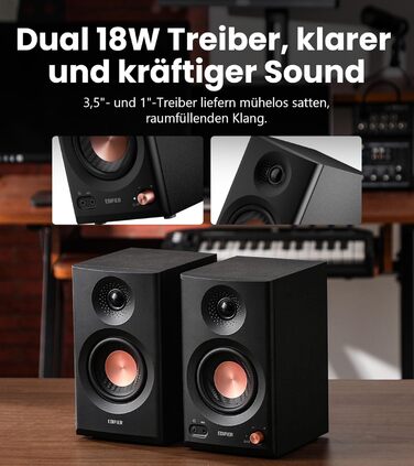 Edifier MR3 - Компактні студійні колонки 2.0, Hi-Res Audio, Bluetooth 5.4, RCA, AUX, керування через додаток, 2 x 18W, Чорний