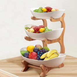 Фруктовий кошик BreeRainz 3 поверхи, керамічна кошик для фруктів з бамбуковою підставкою, сучасна ваза для фруктів для десертів, овочі (білі)