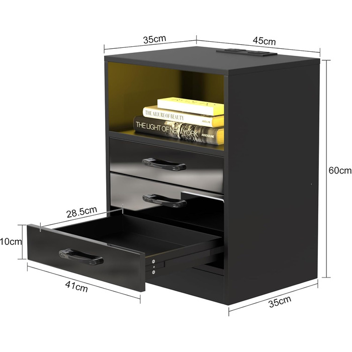 Тумбочка Lvhcmfohm з розеткою, LED підсвічування, 3 ящики, чорна (40x35x60см)
