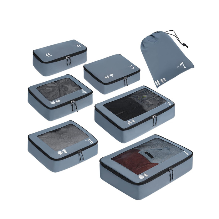 Набір органайзерів для подорожей ECOHUB (7 предметів) — органайзери для валізи та рюкзака з переробленого PET-пластику, сірі