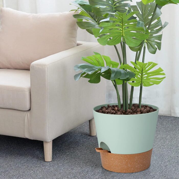 Набір з 2 горщиків для квітів 25.4 см, пластик, з системою поливу, для дому, балкону, саду, сукулентів, кактусів (зелений, коричневий)