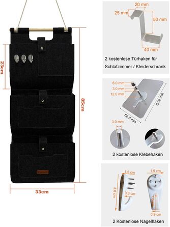 Підвісний органайзер для дверей і стін, домашній органайзер для підвішування, настінна сумка, сумка для посуду, підвісна сумка для зберігання речей для гардероба, ванної кімнати, Кухні багатофункціональні сумки 3 брелока (3 кишені, чорний)
