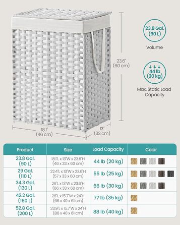 Кошик для білизни Songmics з кришкою, 90 л, з 6 мішечками, з плетеного ротанг, для ванної кімнати, 33 x 46 x 60 см