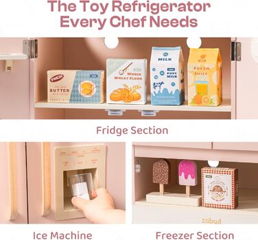 Дерев'яна іграшкова кухня ROBUD для дітей з реалістичним аксесуаром, набір іграшкової кухні з багатьма функціями, сучасний дизайн, подарунок від 3 років (холодильник)