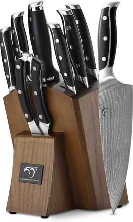 Набір кухонних ножів NANFANG BROTHERS 9 предметів з дамаської сталі та дерев'яною підставкою (сірий/коричневий)