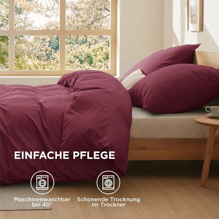 BEDSURE Комплект постільної білизни 135x200, бавовна, 4-х частинний - комплект постільної білизни, простирадло та 2 наволочки 80x80 см, Oeko-TEX, трав'яний колір з блискавкою (155 x 220 см, бордовий)