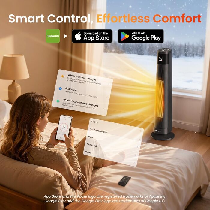 Електричний обігрівач PTC 2000W з керамічним нагрівачем, тихий, з термостатом та пультом дистанційного керування, ECO режим, 70° осциляція, 12h таймер, захист від перегріву та перекидання, чорний, 1 шт.