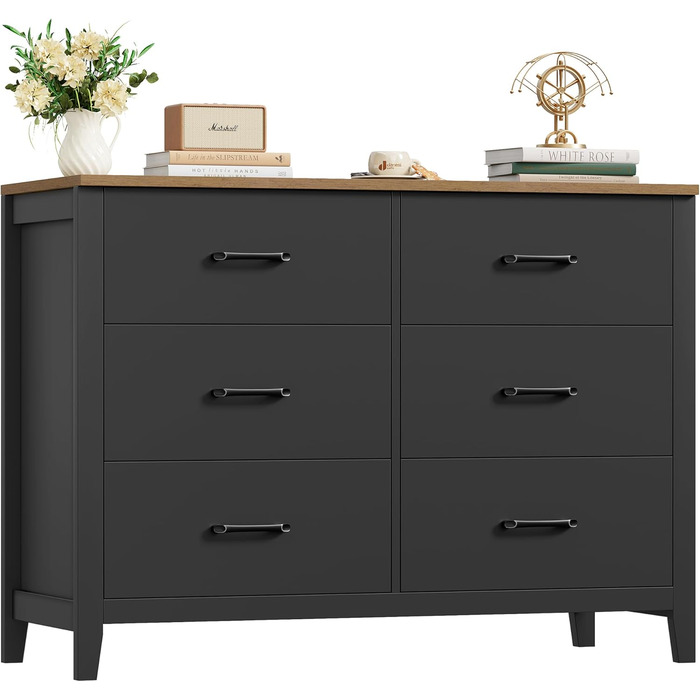 Комод HOCSOK з 6 висувними ящиками, чорний комод з дерев'яною полицею, шафа для зберігання в вітальню, спальню, кімнату для підлітків та коридор, 100x40x81 см