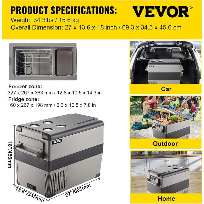Автохолодильник VEVOR 35/45л нержавіюча сталь 12/24V, 220V: портативний компресорний кулер для авто, вантажівок, кемпінгу (-20°C до +20°C)