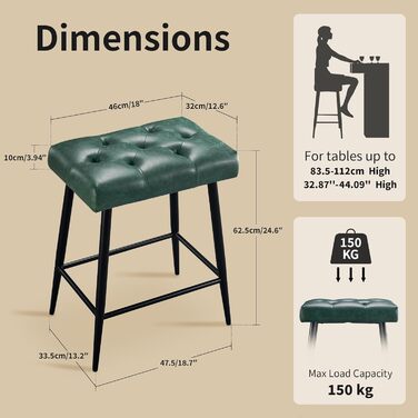 Набір з 2 барних стільців, м'яке сидіння з мікрофібри, ретро дизайн з підніжкою, висота 62.5 см, без спинки, для кухні, бістро, їдальні - сірий (зелений туфтинг)