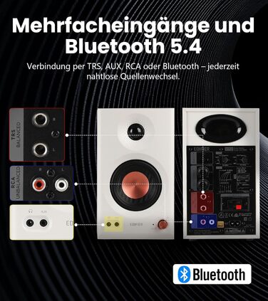 Edifier MR3 - Компактні студійні колонки 2.0, Hi-Res Audio, Bluetooth 5.4, RCA, AUX, керування через додаток, 2 x 18W (білі)