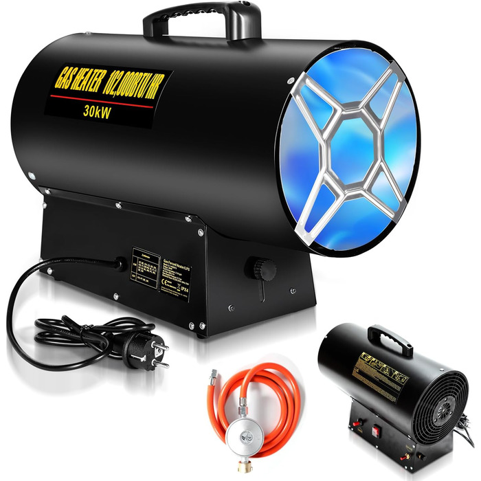 Газова теплова гармата для приміщень Ikodm, 30 кВт, 220V, 320 м³/год, з газовим шлангом 1,2м та редуктором тиску 700 мбар