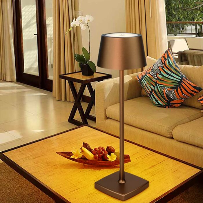 LED настільна лампа бездротова, 6000mAh, IP54, алюміній, сенсорне керування, тепле світло, для спальні, кав'ярні, ресторану (коричнева)