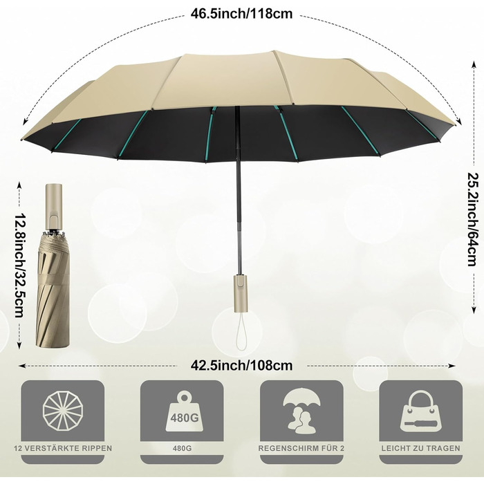 Штормозахисна складна парасолька для дощу та сонця, 12 ребер, складна, для автомобіля, гольфу, чоловіків та жінок (бежева)