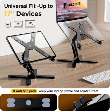 Підставка для ноутбука FoldWise X для столу – алюміній, 360° обертання, складна, регульована по висоті та куту нахилу – стабільна та портативна підставка для ноутбука, MacBook та комп'ютера, 11-18 дюймів (Чорний)