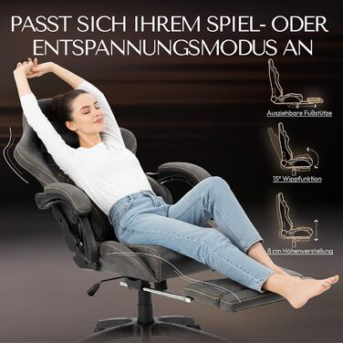 Ігрове крісло Dowinx з підніжкою, масажером попереку та офісним комфортом, до 200 кг, регулювання спинки 165°, сірий