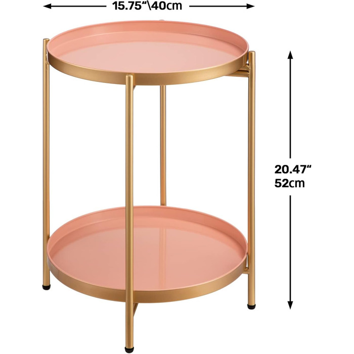 Круглий журнальний столик HollyHOME Gold&Pink, 2 яруси для вітальні/спальні/балкона/тераси