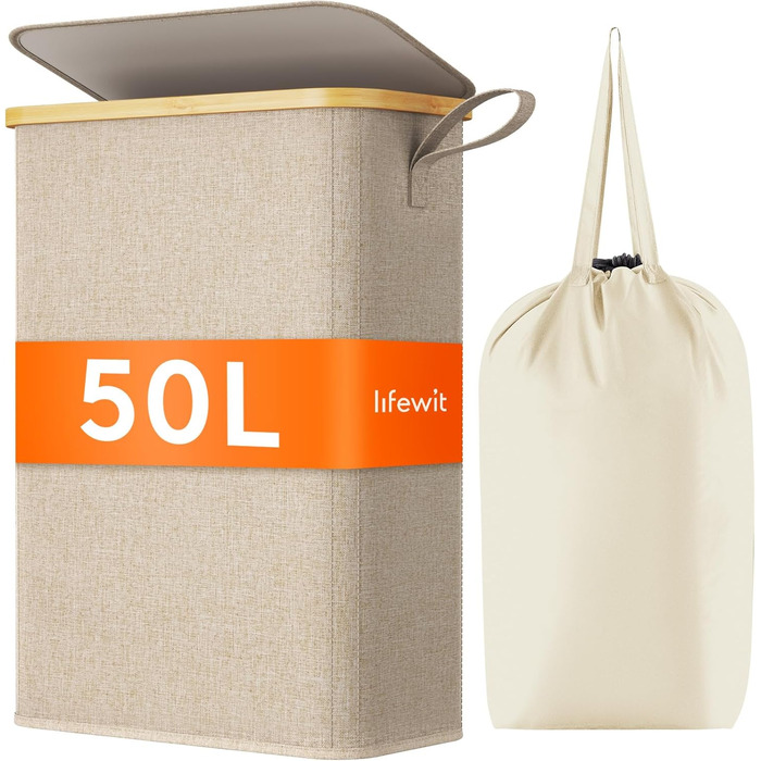 Кошик для білизни Lifewit 50L з кришкою, бамбуковий, з ручкою, для квартири, гуртожитку, кемпінгу, бежевий
