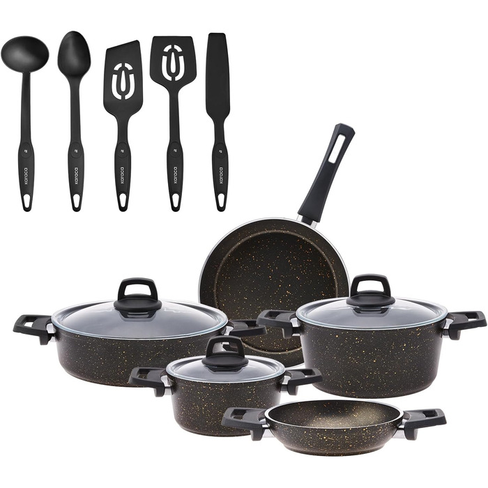 Набір каструль та сковорідок Karaca Ceramica Steel 3Ply: 13 предметів, чорний/золотий, з нержавіючою сталлю та керамічним покриттям