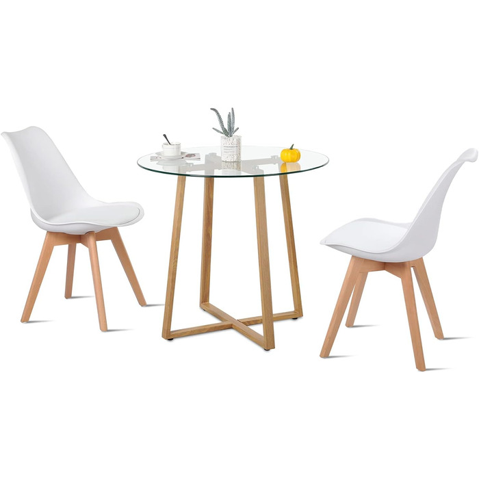 Обідній стіл HJ WeDo з 2 стільцями, круглий скляний стіл у скандинавському стилі, білий, для балкону, вітальні та їдальні