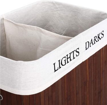 Кошик для білизни Bakaji з двома відділеннями для сортування світлого та темного одягу, бамбук та тканина, складний, з кришкою та ручками