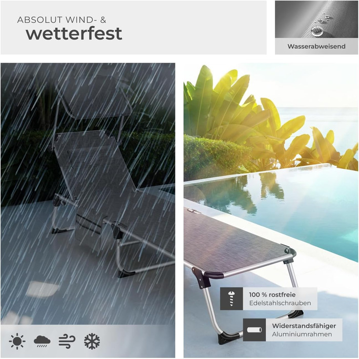 Шезлонг Tectake® з дахом, балконний шезлонг з алюмінію, складаний садовий шезлонг, стійкий до погодних умов, лежак для саду, кемпінгу та пляжу, регульована спинка, подушка для голови, бічна кишеня - сірий меланж