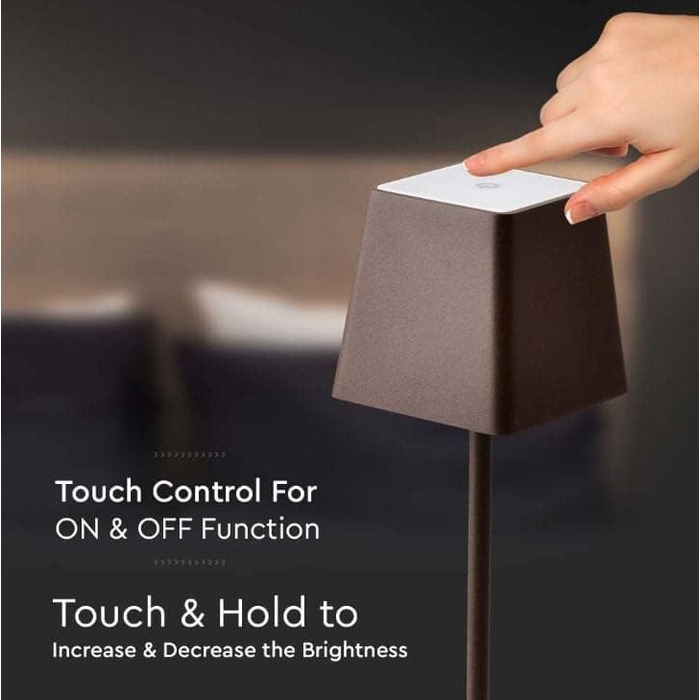 LED настільна лампа V-TAC з бездротовим живленням, сенсорне керування, акумулятор 4400 mAh, тепле світло 3000K, IP54, коричневий колір, для дому та вулиці