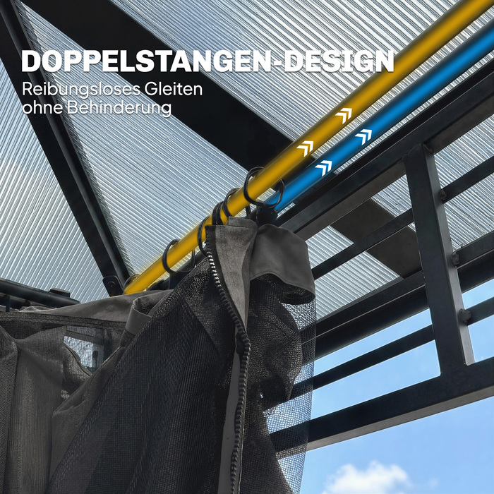 Алюмінієвий павільйон для саду, бл. 3,6x3м, з полікарбонатним дахом 6мм, москітною сіткою та 4 стінками, темно-сірий