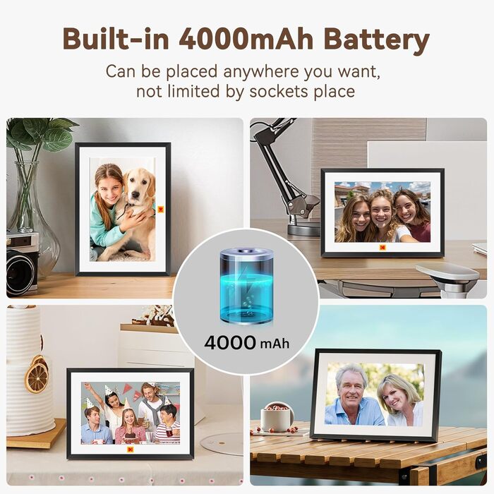 Цифровий фотоальбом Kodak 10 дюймів з Wi-Fi, акумулятором 4000mAh та 32GB пам'яті, IPS HD сенсорний екран, автоповорот, чорний